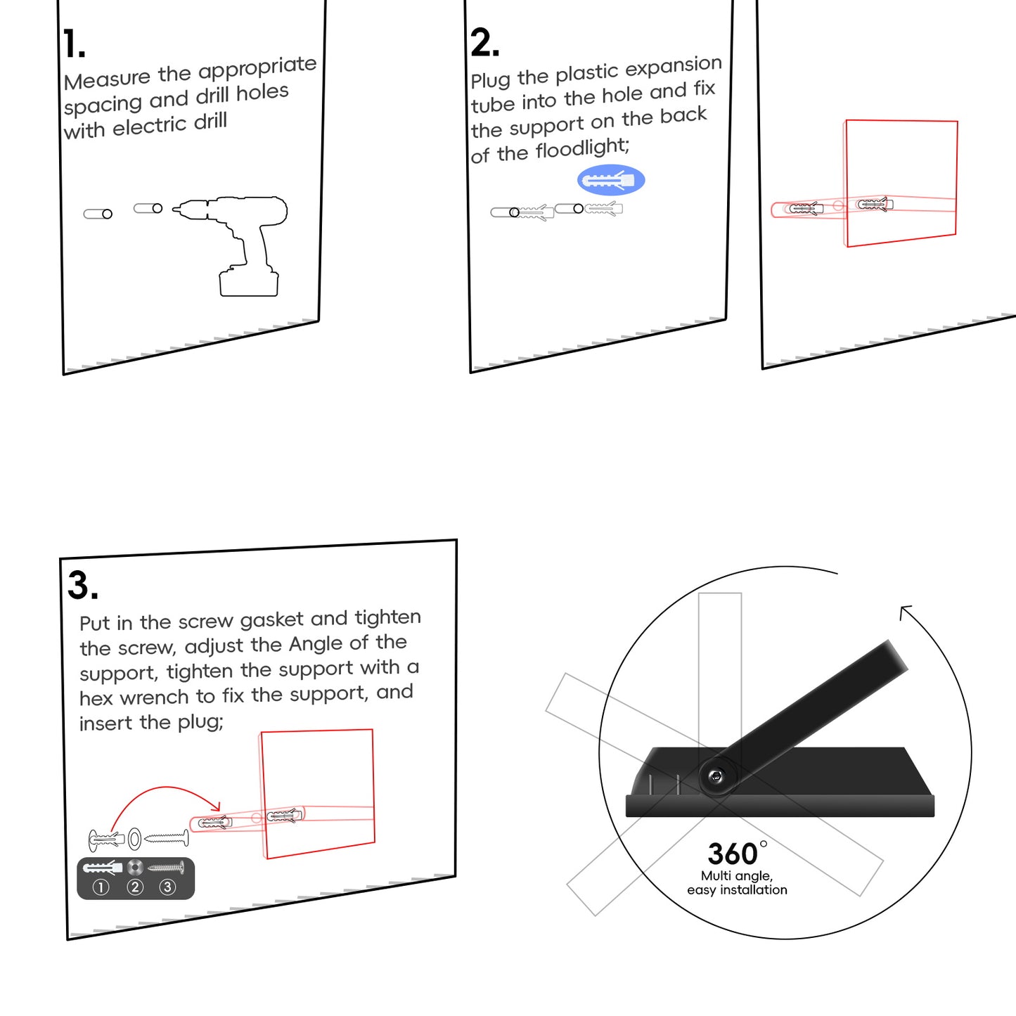Step-by-step installation instructions for Easeking LED floodlight 20W 30W 50W 60W 80W