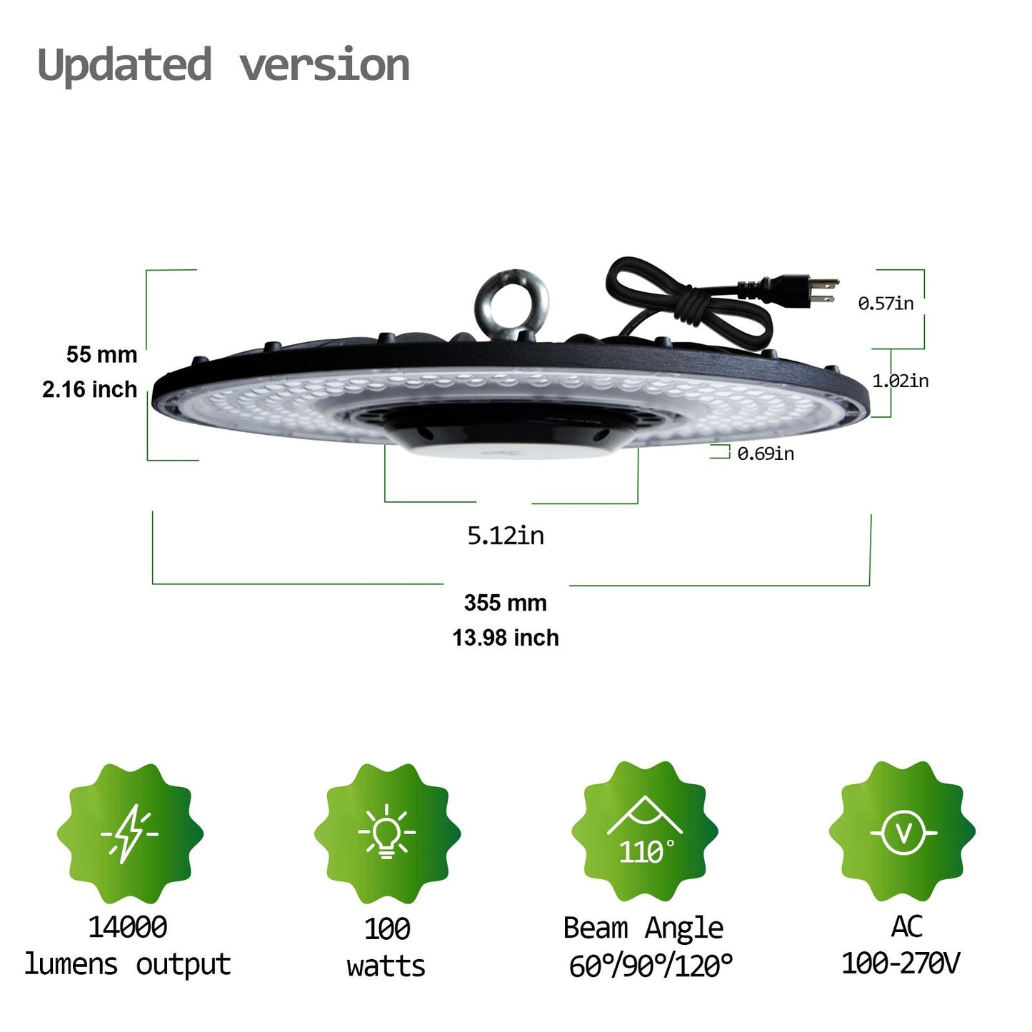 UFO LED high bay light with dimensions and specifications Built-in IC driver in frontof lamp