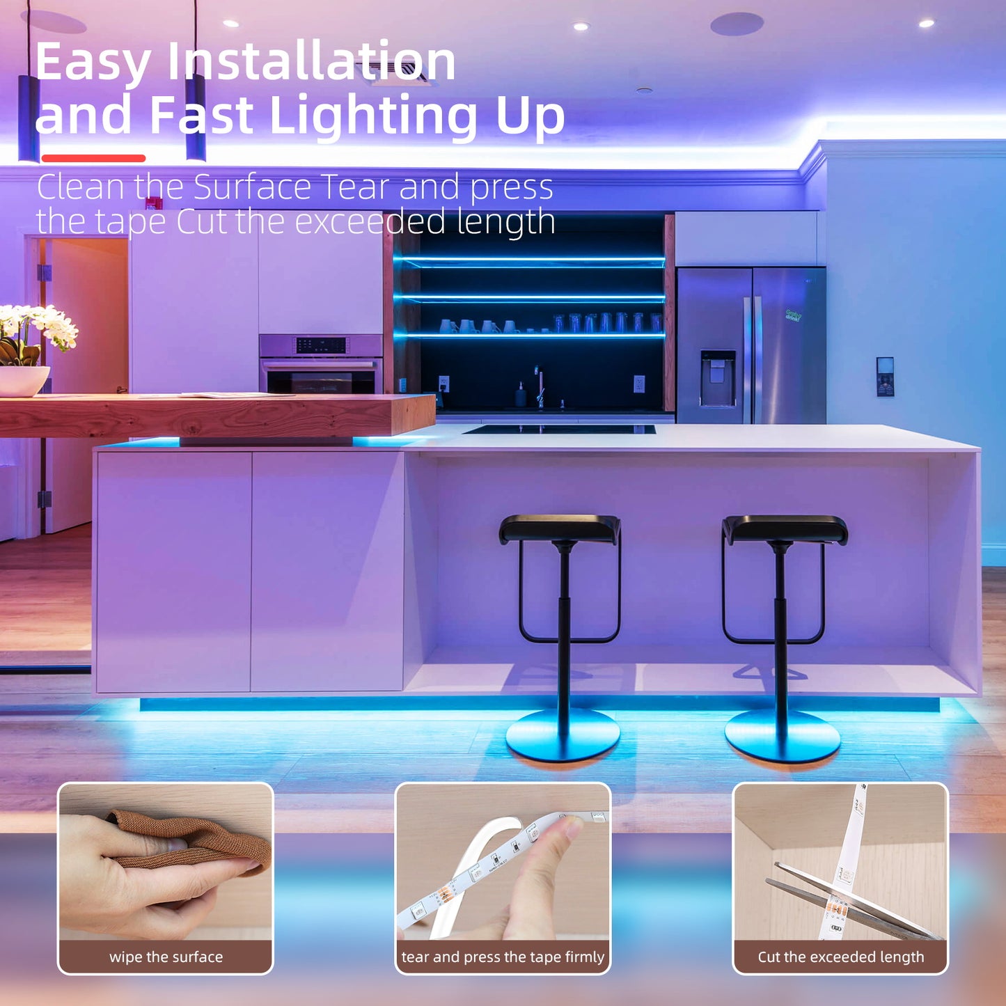 Modern kitchen with LED strip lights decoration lighting