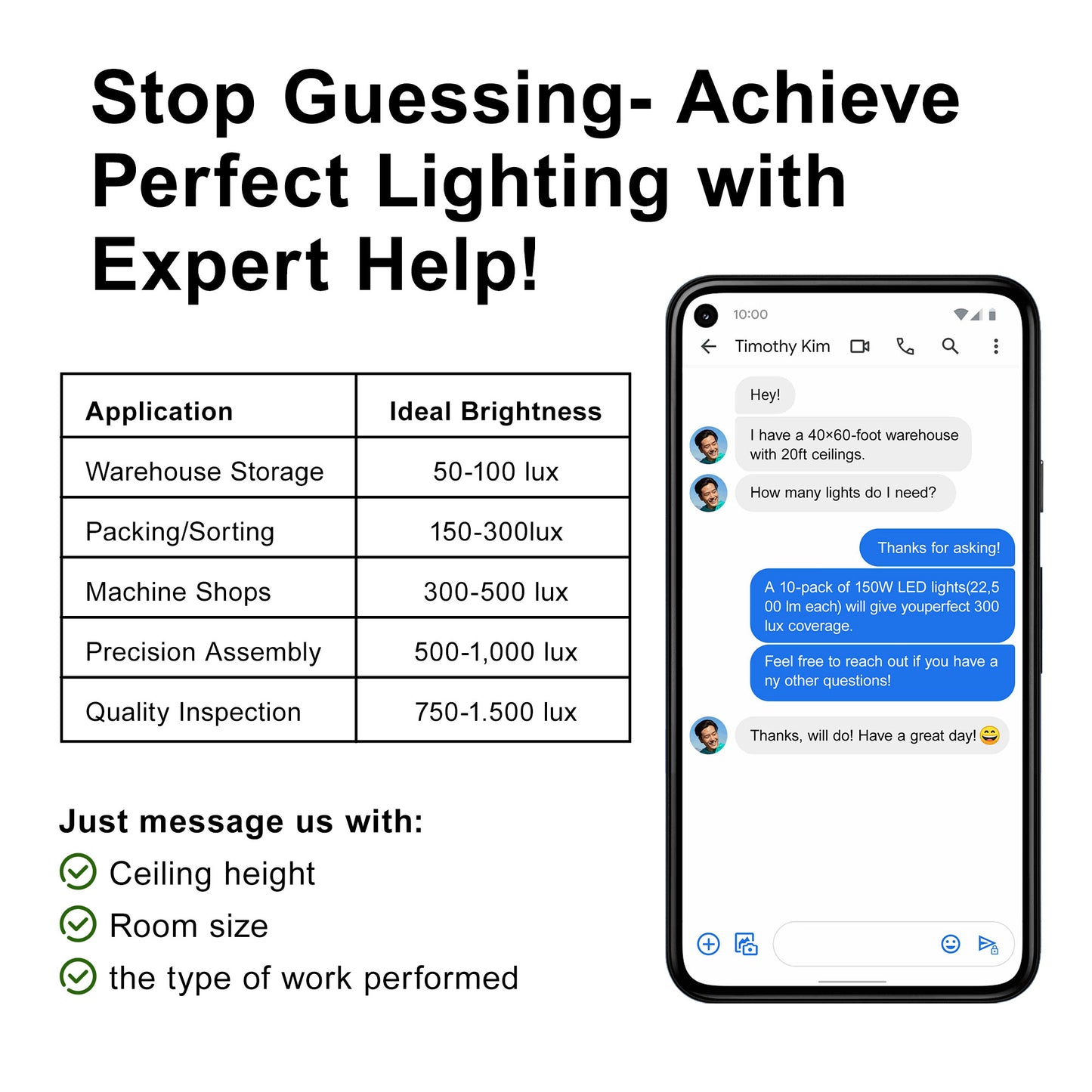 UFO Low bay lighting different watts for different application ideal brightness guidelines.