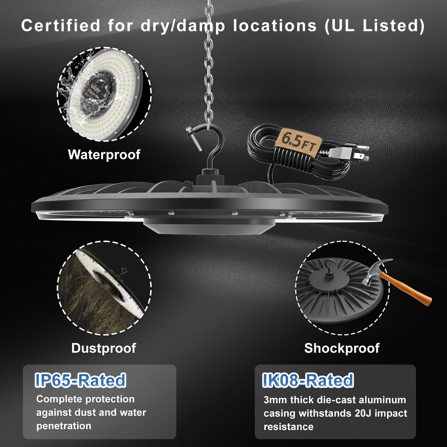 Easeking Ultra Slim UFO LED High Bay Light 200Watt 30,000lm IP65