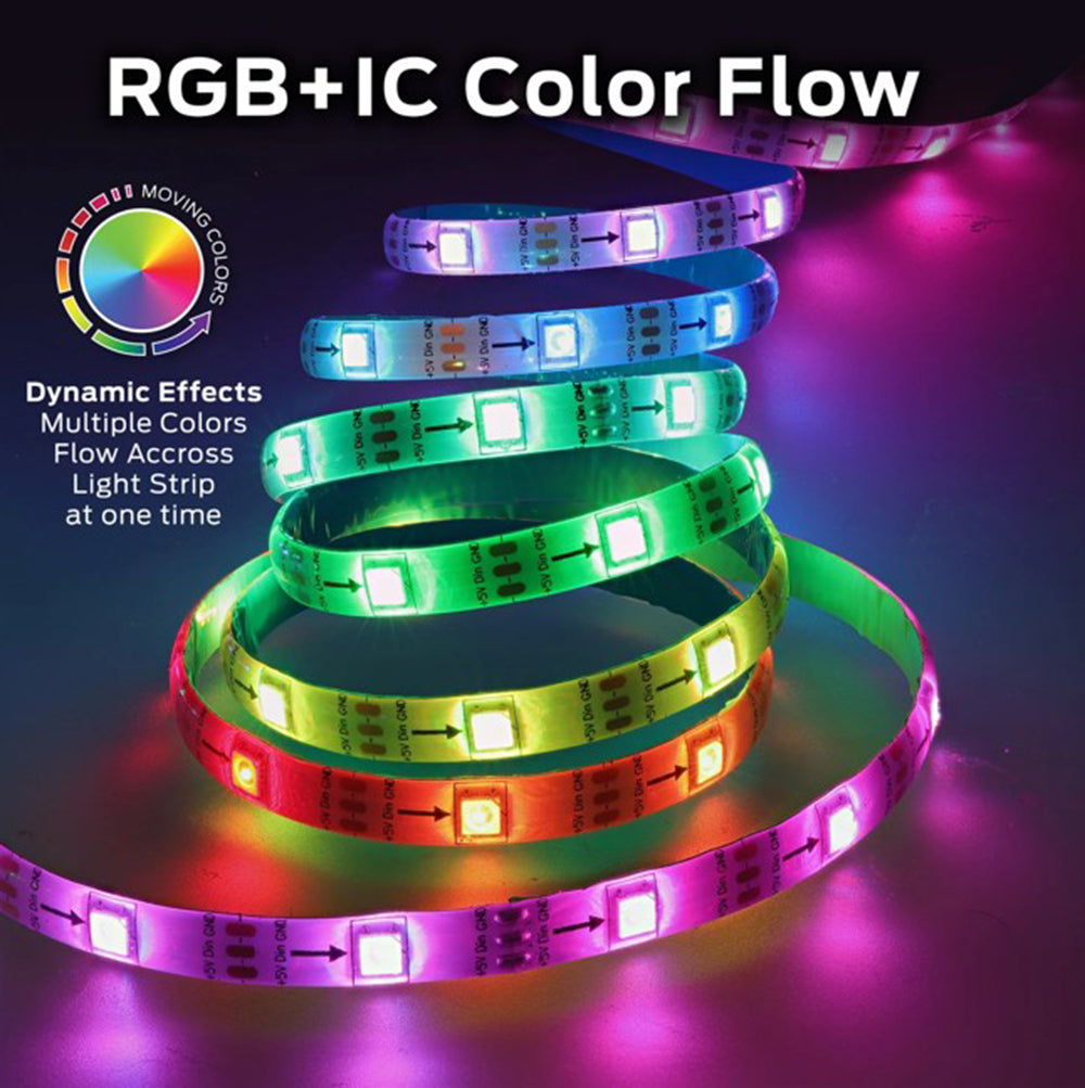 RGB+IC color flow LED strip tape with dynamic effects Multiple colors flow accross light strip at one time