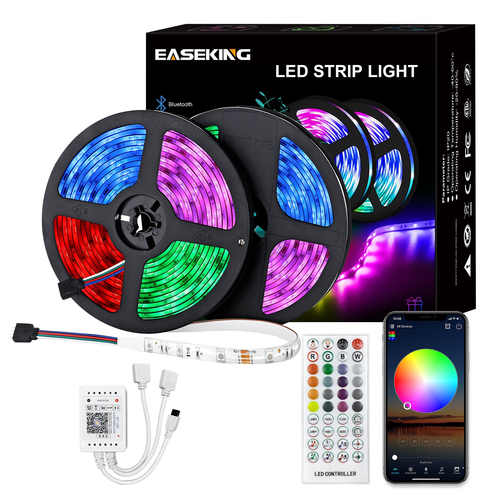 Easeking RGB LED strip light kit with packaging box, strips light, remote control, supporting APP function