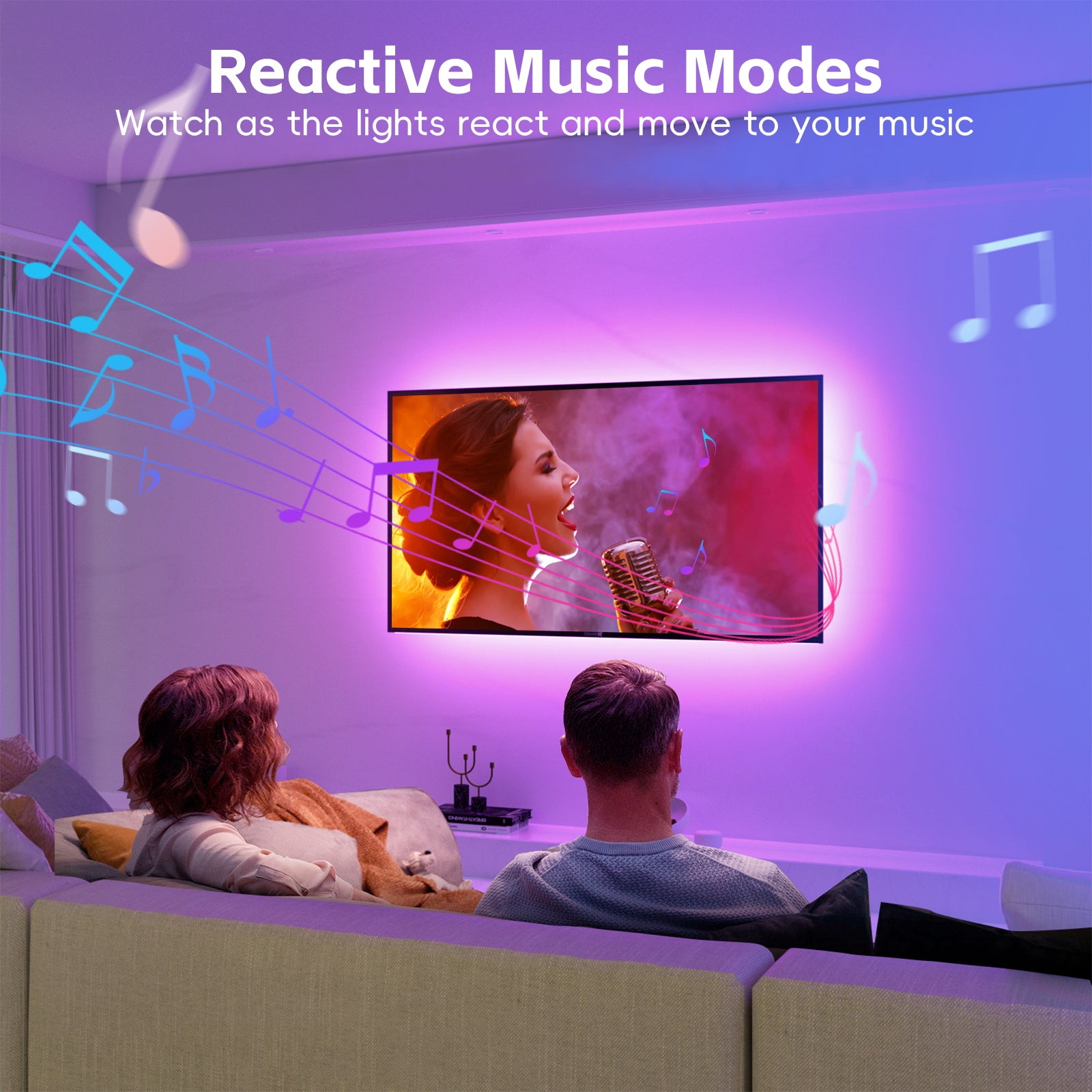 Living room TV Smart RGB SMD LED Tape lights under reactive music mode lighting