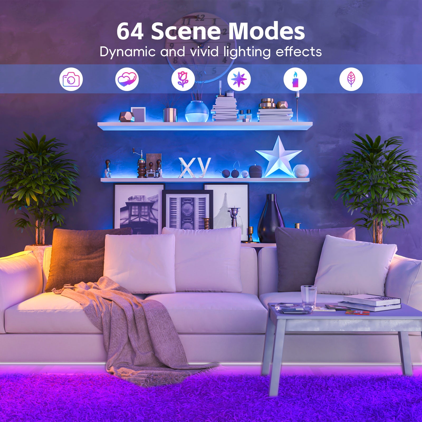Living room lighting with RGB LED strip lights creating dynamic lighting effects