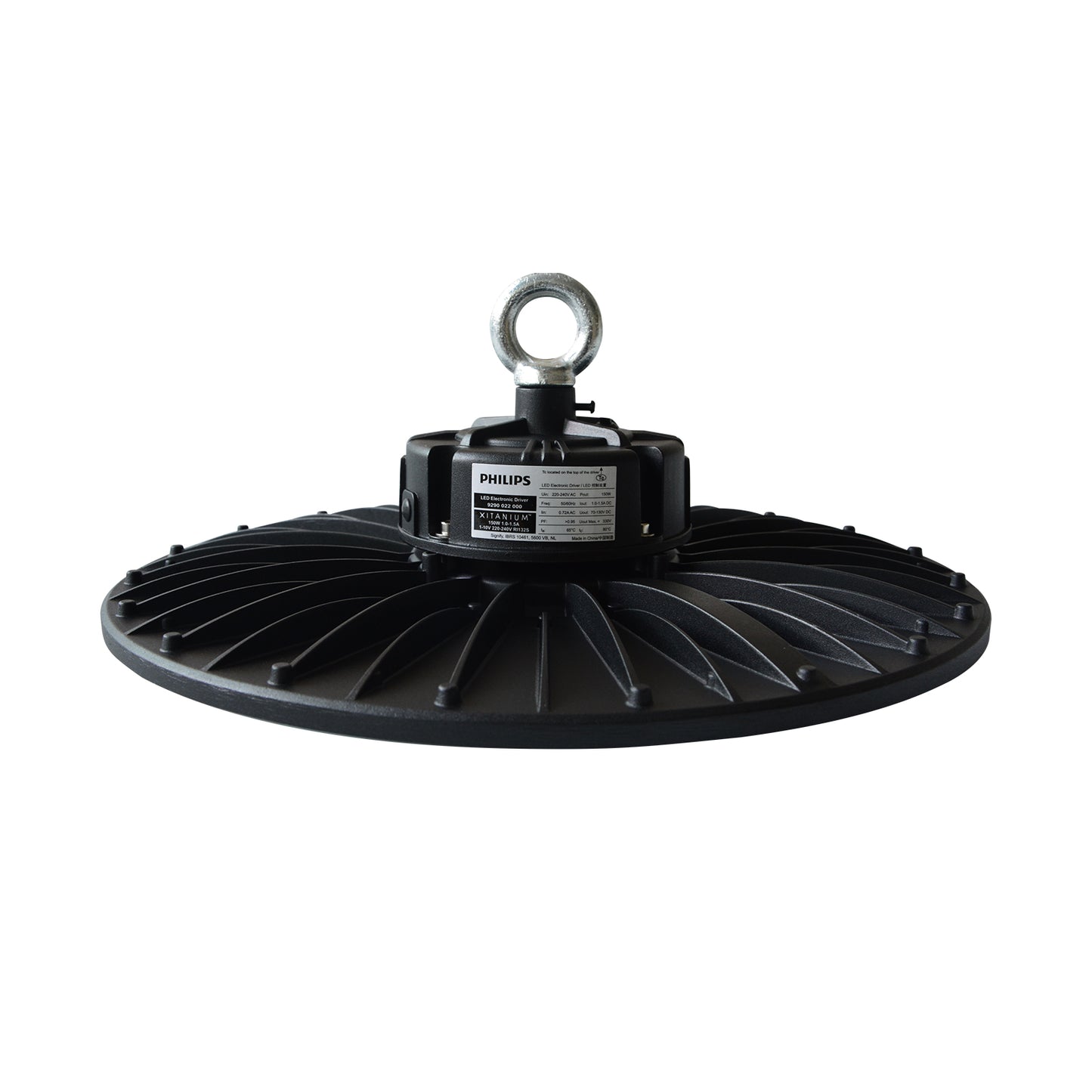 Black UFO style industrial light fixture with Philips power supply low bay light