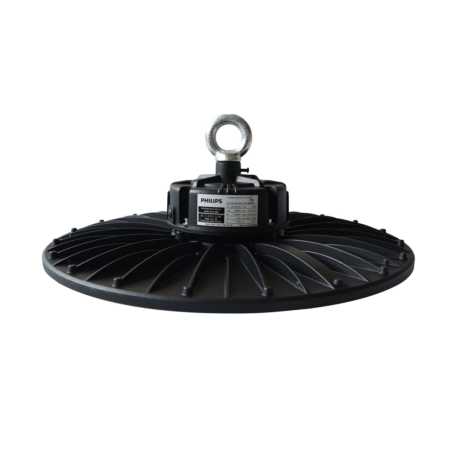 Black UFO style industrial light fixture with Philips power supply low bay light