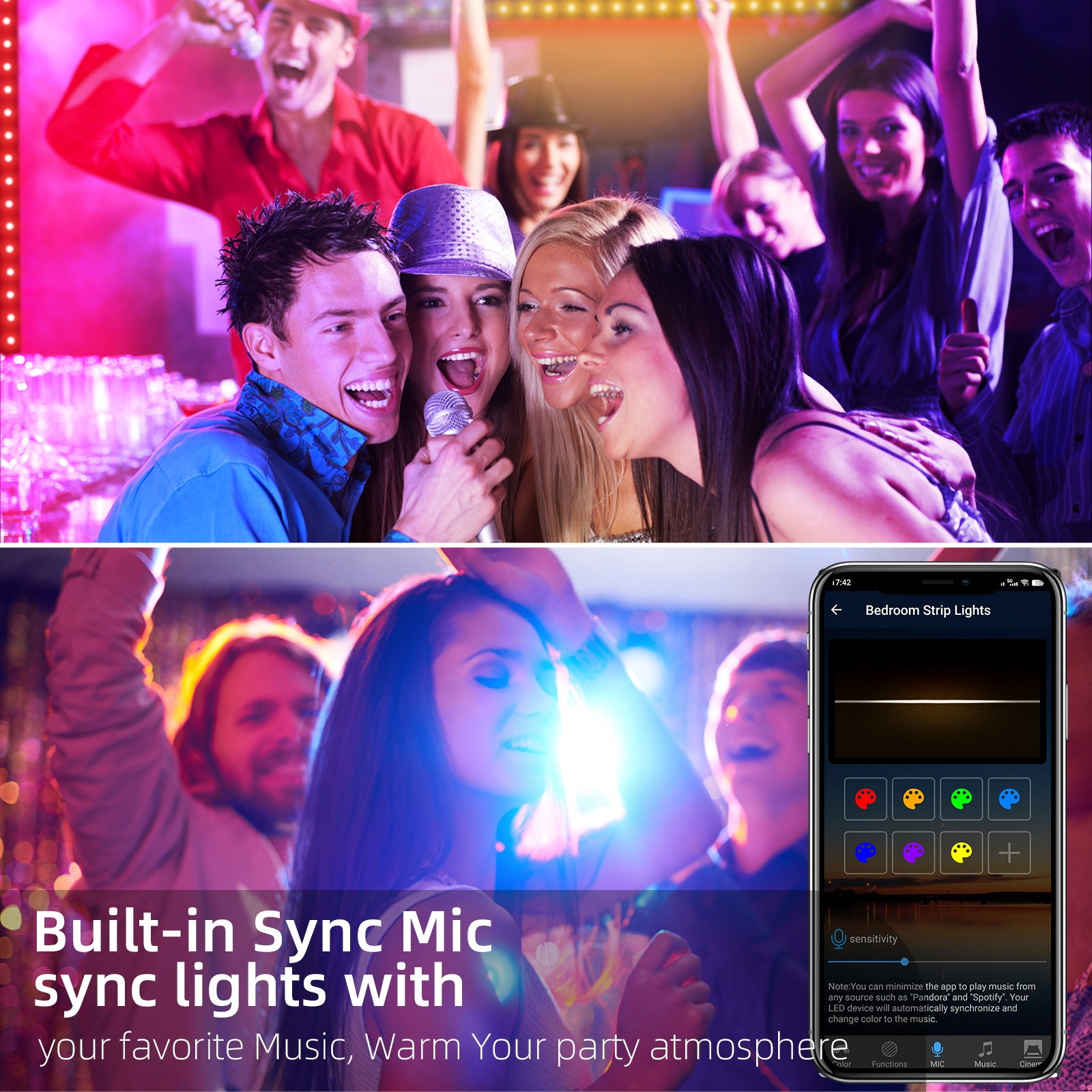  built-in sync mic function for RGB LED strip lights with Bluetooth Controller .