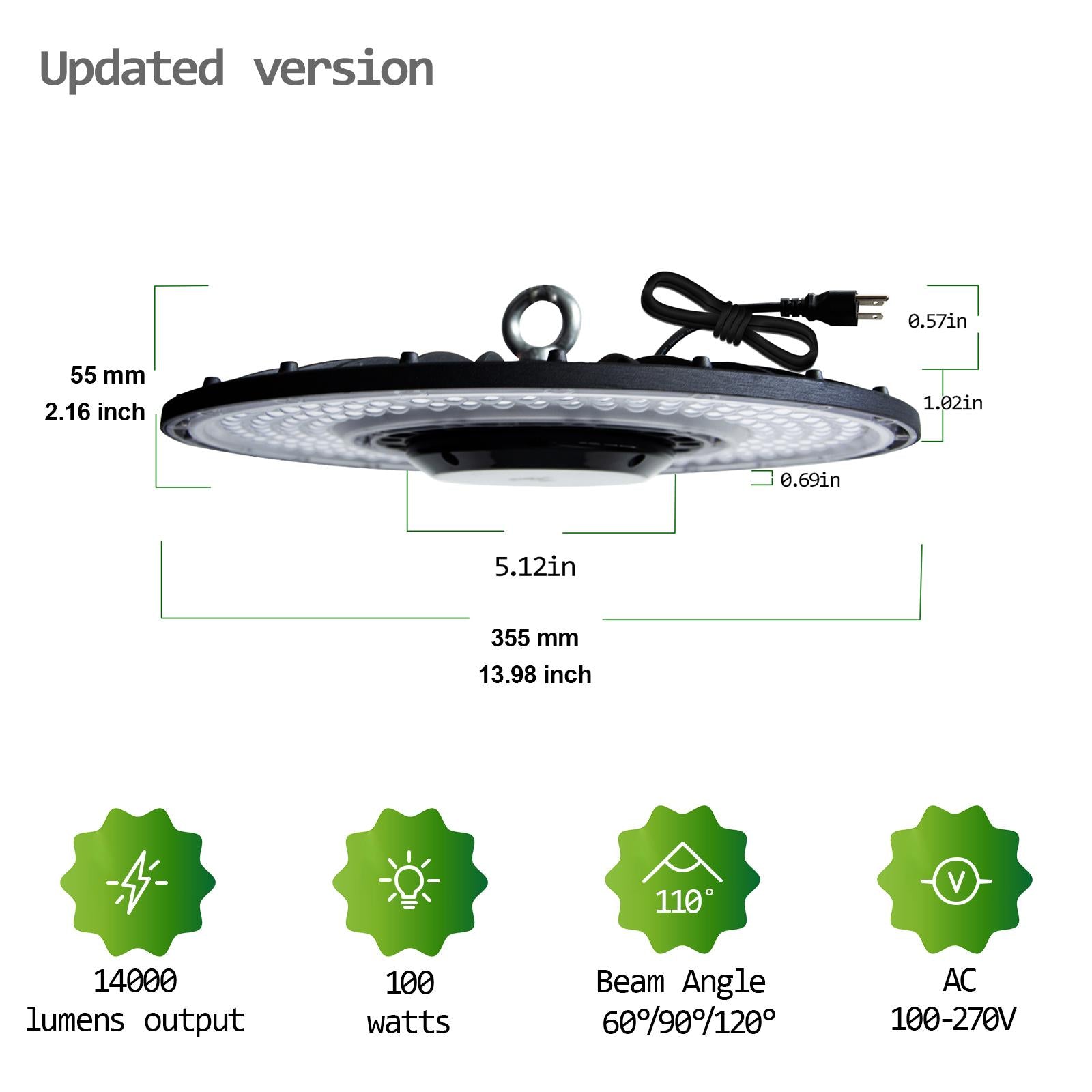 F series slim UFO LED high bay light with dimensions and specifications