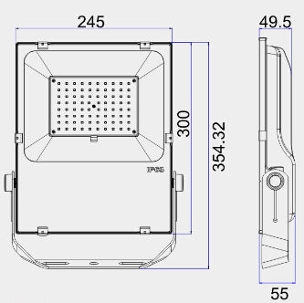 Technical drawing of a rectangular flood light fixture with dimensions